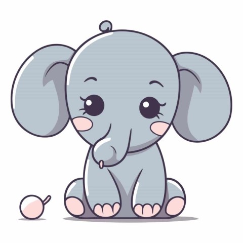 Cute little elephant sitting on the ground. Vector cartoon illus