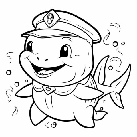 Black and White Cartoon Illustration of Cute Little Fish Captain