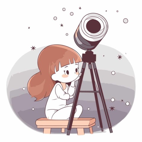 Girl looking through telescope in cartoon style on white backgro