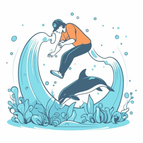 Dolphin jumping out of water in cartoon style.