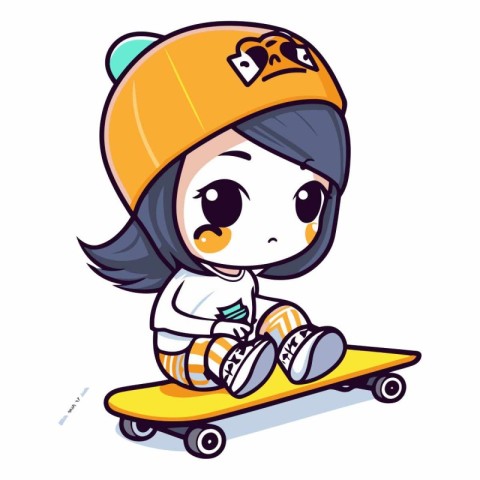 Cute little girl riding a skateboard. Cartoon vector illustratio