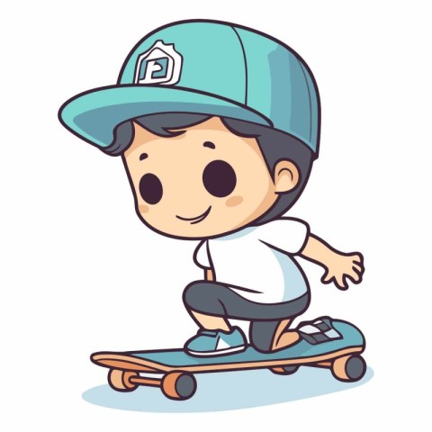 Boy Skateboarding Vector Illustration. Cute Boy Skateboarding