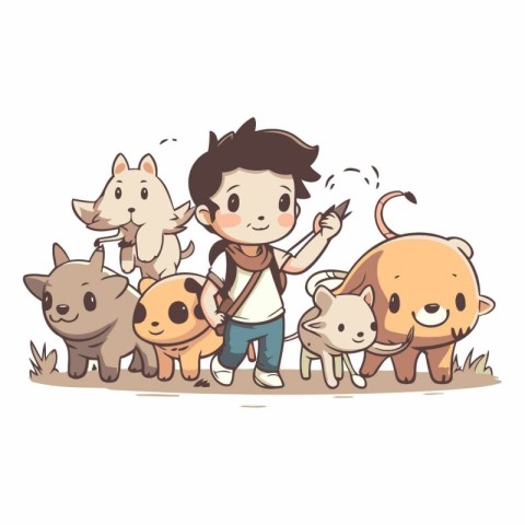 Cute little boy playing with a group of animals.