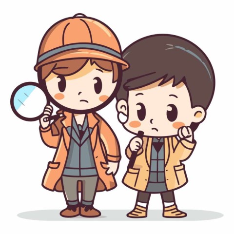 Boy and girl in work clothes with magnifying glass vector illust