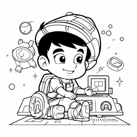 Black and White Cartoon Illustration of Kid Boy Playing Toy Car