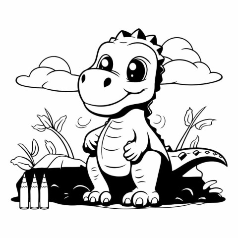 Cute dinosaur in the jungle. Black and white vector illustration