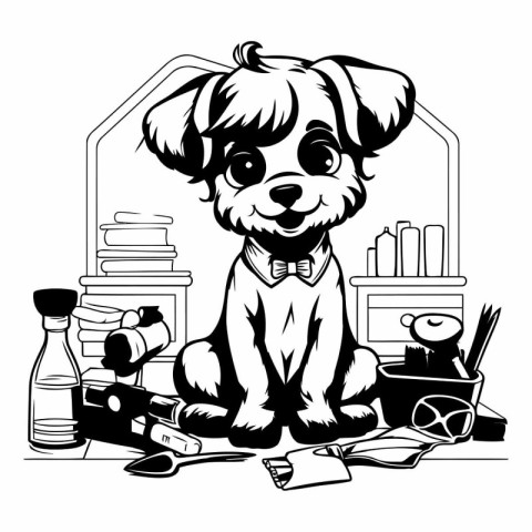 Cute dog in a barbershop. Black and white vector illustration.