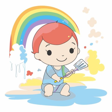 cute little boy playing in the rain with a rake and a rainbow