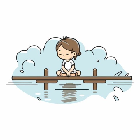 Vector illustration of a little boy sitting on the pier and medi