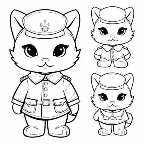 Black and white illustration of cute cartoon cat in sailor's cap