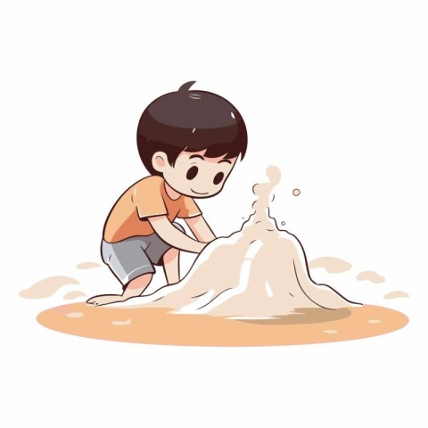 Illustration of a Cute Little Boy Playing with Sand on a White B