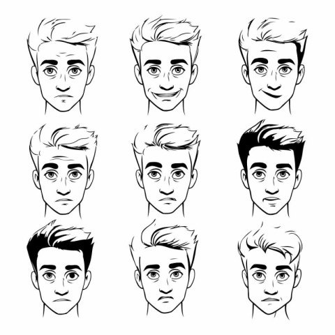 Vector set of men faces with different hairstyles in cartoon sty