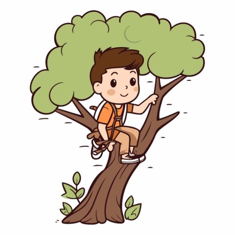 Little boy climbing on the tree in cartoon style.