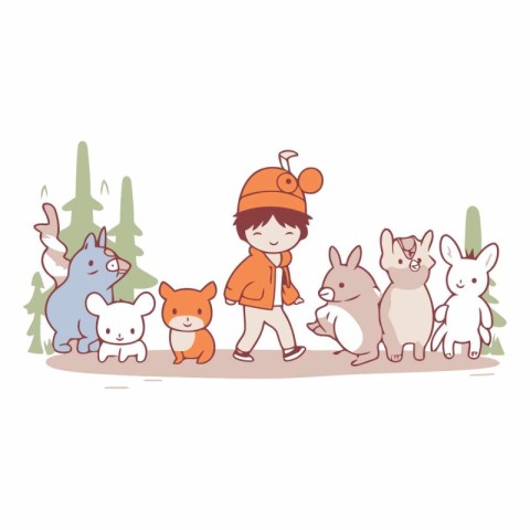 cute little boy walking with a group of rabbits