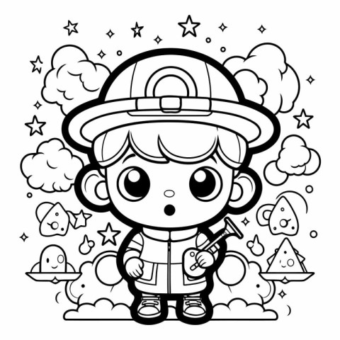 Coloring Page Outline Of a Cartoon Fireman Vector Illustration