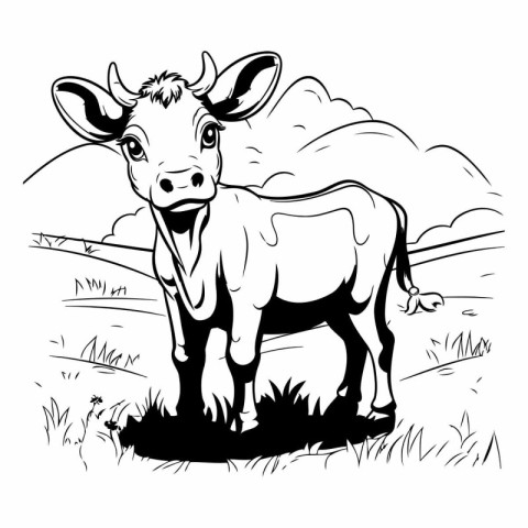 Cow on the meadow. Black and white vector illustration for color