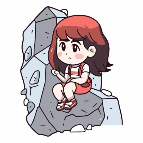 Illustration of a Little Girl Sitting on a Rock While Looking Up