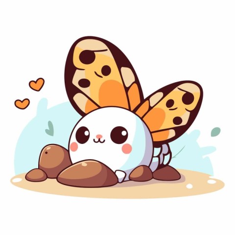 Cute butterfly on the stones in cartoon style.