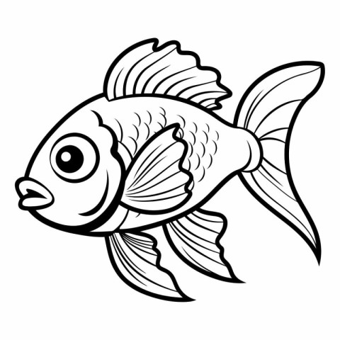 Black and White Cartoon Illustration of a Cute Fish Animal Chara