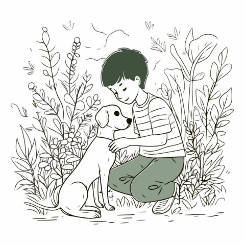 Vector illustration of a boy and his dog in the garden. Hand dra