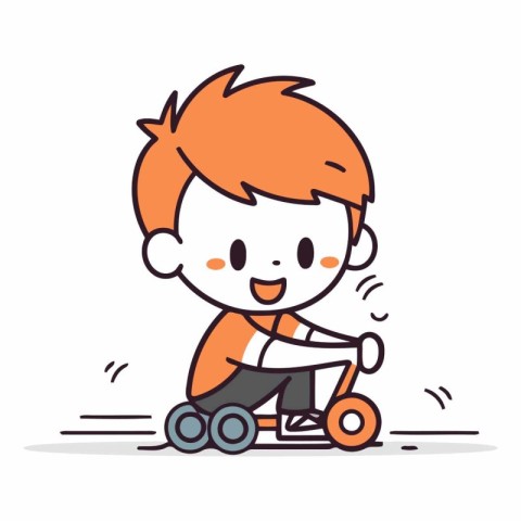 Cute little boy riding a tricycle in cartoon style.