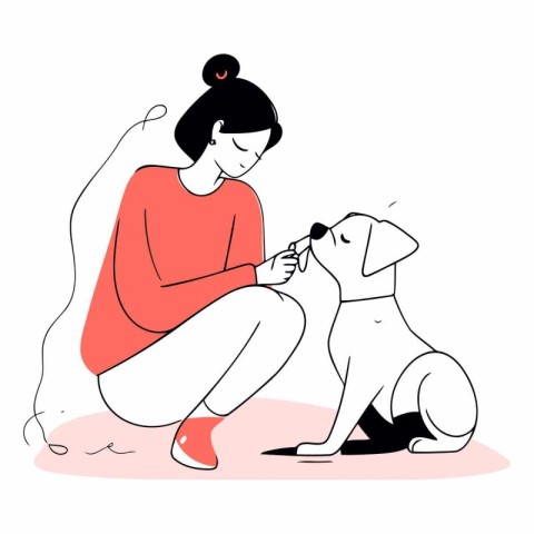 Woman playing with her dog in a flat style.