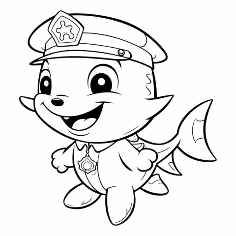 Black and White Cartoon Illustration of a Cute Little Fish Polic