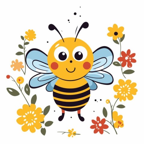 Cute cartoon bee with flowers on white background.