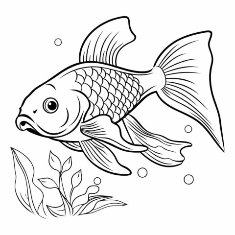 Black and white vector illustration of a goldfish in the water.