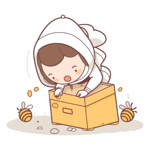 Little boy sleeping in a box of bees. Vector cartoon illustratio