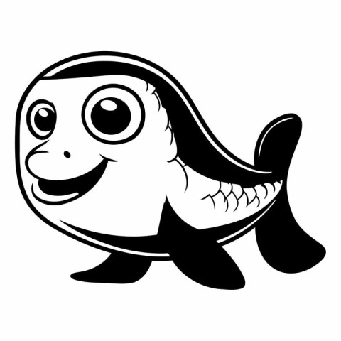 Black and white illustration of a cute cartoon fish on a white b