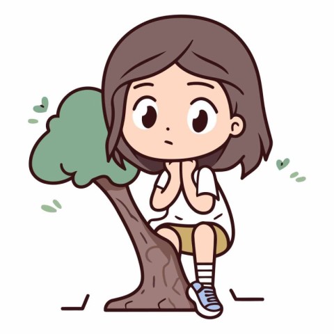 Little girl sitting on big tree and thinking. Vector cartoon ill