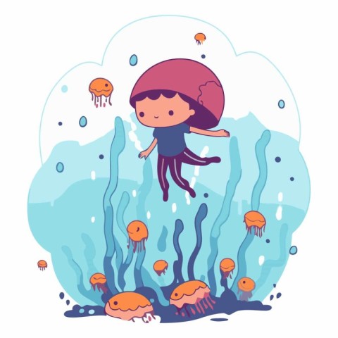 Cute little girl swimming among the jellyfish.