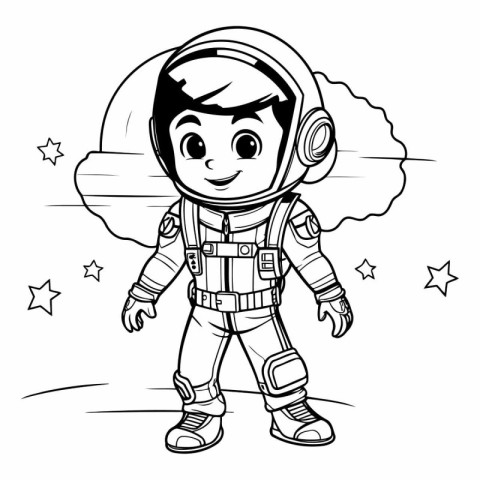 Black and White Cartoon Illustration of Astronaut Boy Character