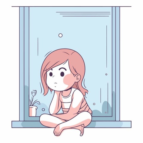 cute little girl sitting in window and thinking cartoon vector i