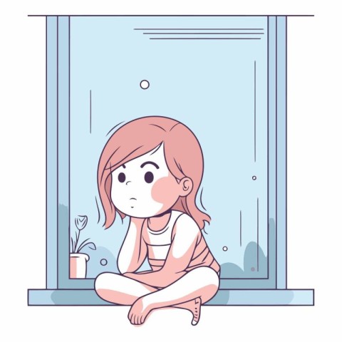 cute little girl sitting in window and thinking cartoon vector i