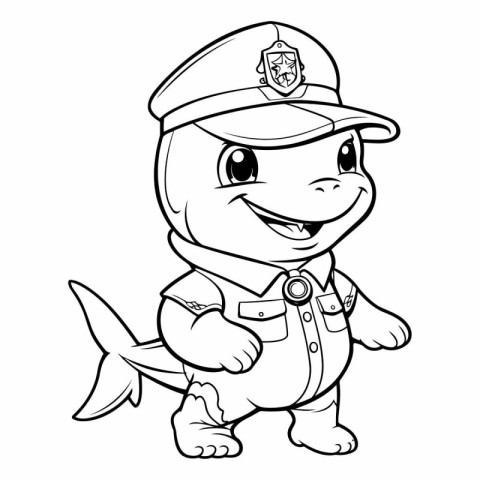 Black and White Cartoon Illustration of Cute Fish Policeman Char