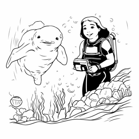 A girl in a diving suit. with a camera and a whale.