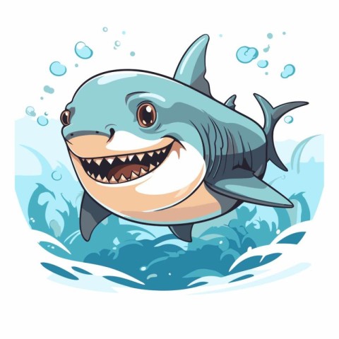 Cartoon shark swimming in the sea on white background.