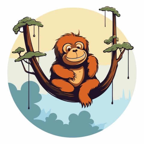 Orangutan sitting on the tree. Cartoon style vector illustration