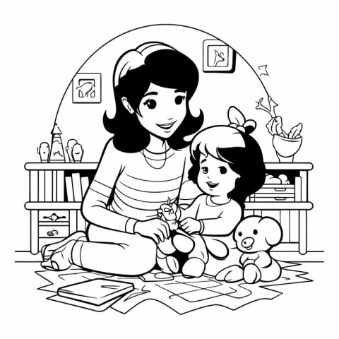 Mother and daughter playing with toys at home. black and white v