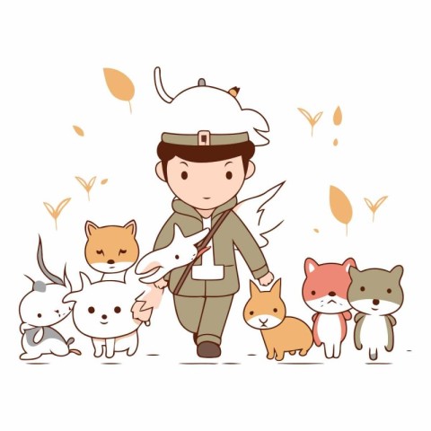 Illustration of a man in a military uniform with a group of cats