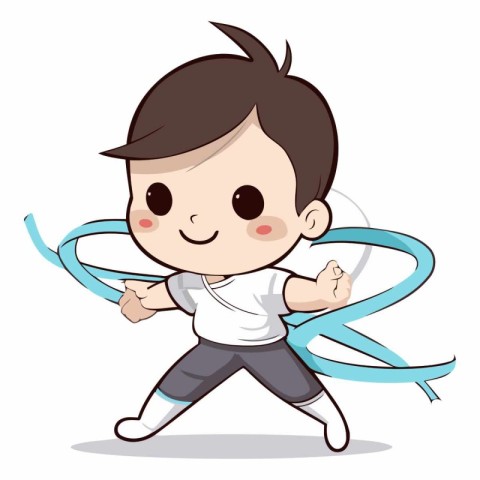 Cute boy running with ribbon on white background.