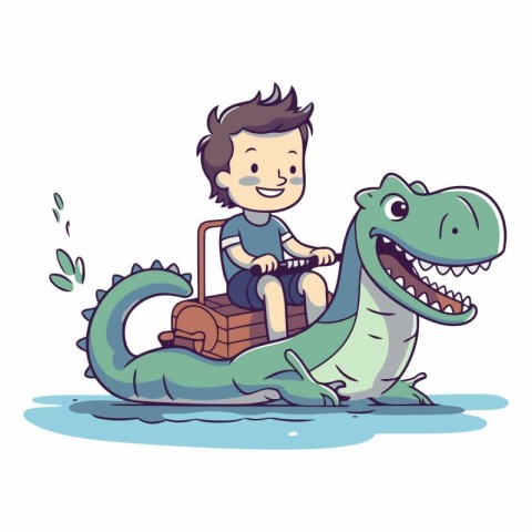 Cute boy riding a crocodile on a boat.