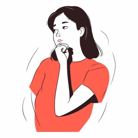 Vector illustration of a beautiful girl in a red blouse. thinkin