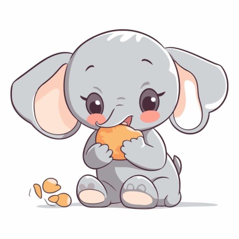 Cute little elephant holding an orange isolated on white backgro