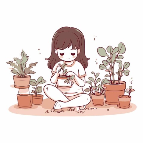 Cute little girl planting houseplants. Vector hand drawn illustr