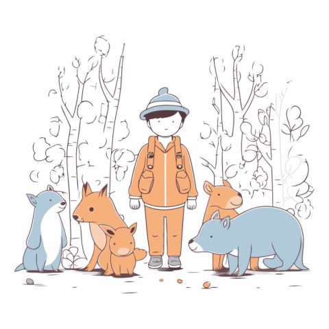 Cute vector illustration of a man walking with dogs in the fores