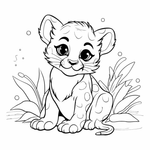 Black and white vector illustration of a cute little baby leopar