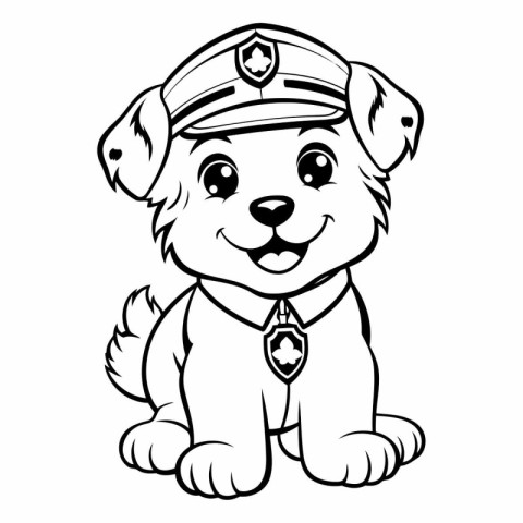 Cute puppy with police cap and uniform - black and white vector